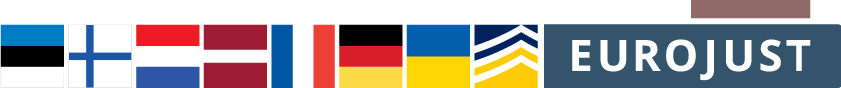 flags of Estonia, Finland, Netherlands, Latvia, France, Germany, Ukraine and logos of Europol and Eurojust